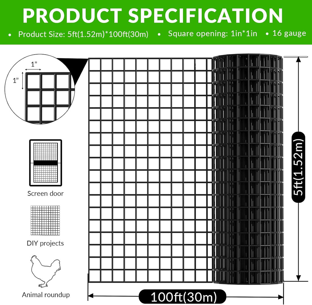 Welded Wire Fencing 1 ‘’x 1‘’ 5ft x 100 ft，Vinyl Coated Welded Wire Mesh Roll,16GA Black PVC Coated Welded Wire