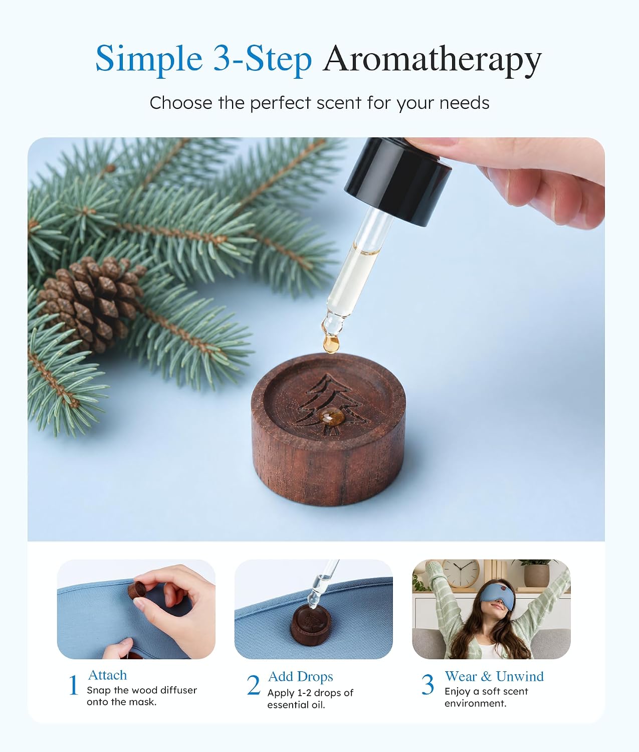 Aromatherapy Sleep Mask Essential Oil Diffuser 3D Blackout Design | Wood Diffuser with Lavender, Fir, Geranium Oils