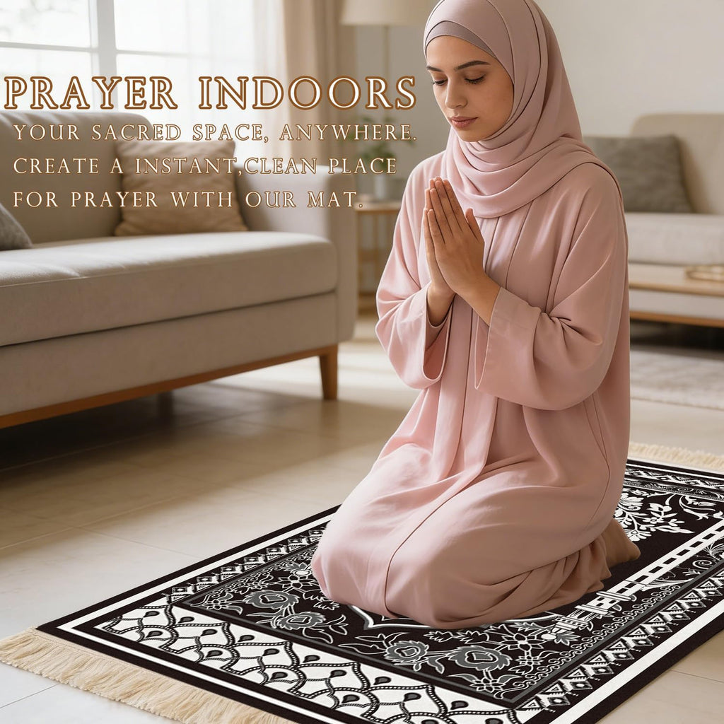 Prayer Mat Ramadan Gifts - Portable Black Prayer Rug Islamic Muslim Tasbih Beads, Praying Carpet for Islamic Man