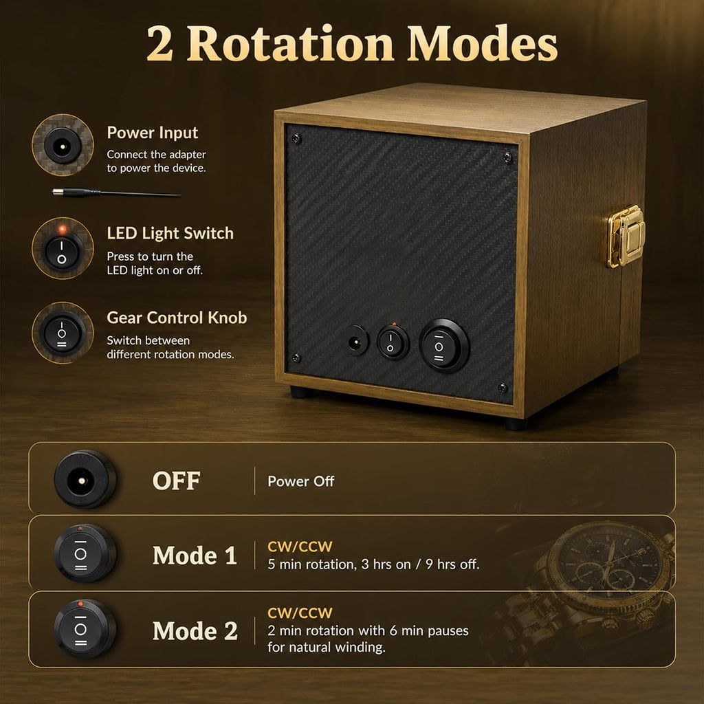 Watch Winder for Automatic Watches, Walnut Single Winding Watch Box with Blue LED & Japanese Quiet Motor for Rolex