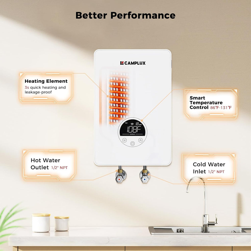 CAMPLUX Tankless Water Heater Electric 4.5kW 110~120V Small Instant Hot Water Heater, Point-of-Use, Save Space for