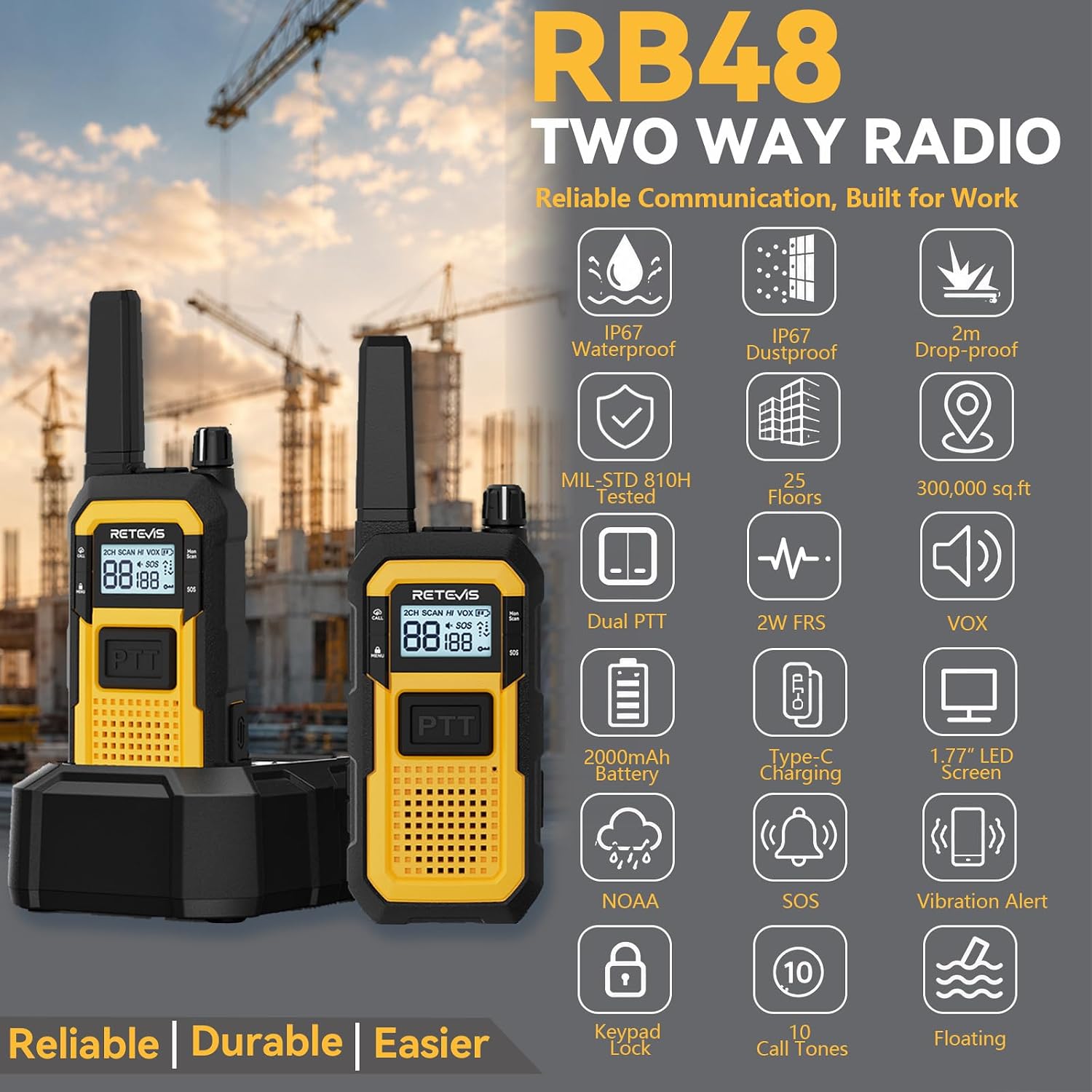 RB48 FRS Walkie Talkies Long Range,Mil-Standards 810H Two Way Radio | Rugged&IP67 Waterproof & Floating, Emergency