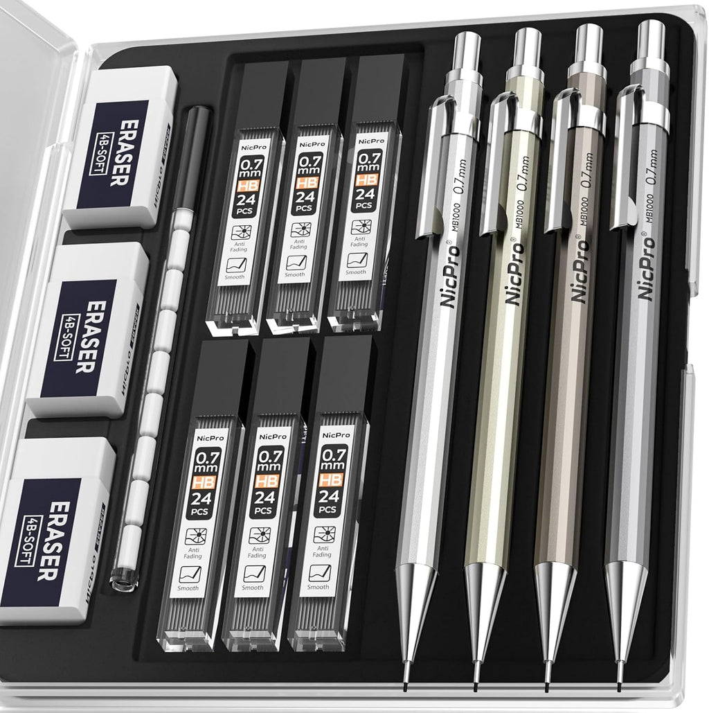 4 Pack Mechanical Pencil 0.7mm, MB1000 Metal Mechanical Pencil Set | 6 Tube HB #2 Lead Refill 0.7 mm, 3PCS 4B Eraser
