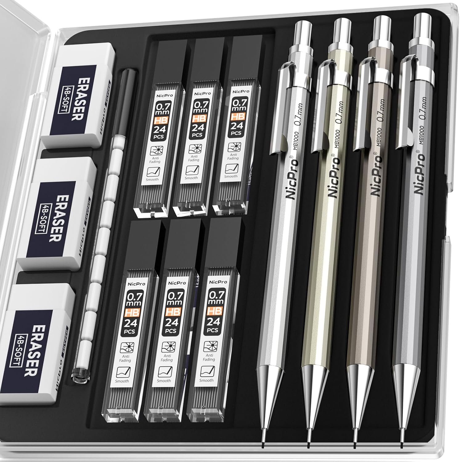 4 Pack Mechanical Pencil 0.7mm, MB1000 Metal Mechanical Pencil Set | 6 Tube HB #2 Lead Refill 0.7 mm, 3PCS 4B Eraser