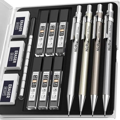 4 Pack Mechanical Pencil 0.7mm, MB1000 Metal Mechanical Pencil Set | 6 Tube HB #2 Lead Refill 0.7 mm, 3PCS 4B Eraser