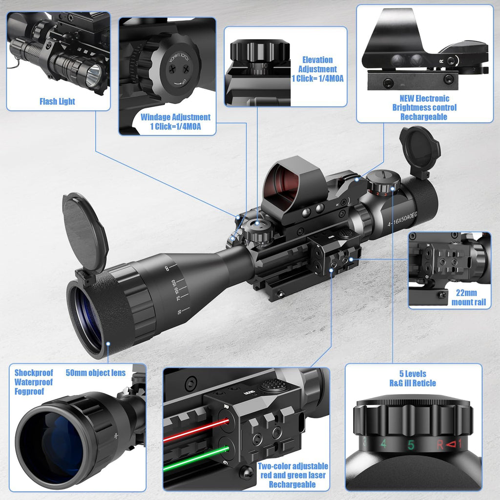 4-16x50 AO Tactical Rifle Scope Hunting Red/Green Dual Illuminated with Red/Green Laser 4 Holographic Reticle Reflex
