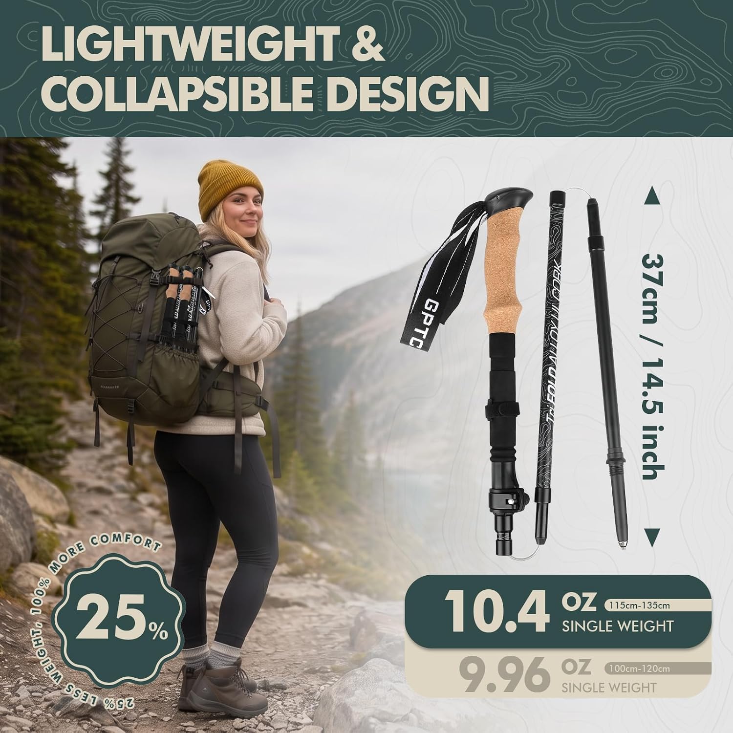 Folding Trekking Poles 7075 Aluminum Lightweight for Travel | Cork grip EVA sleeve, metal quick lock, wrist strap