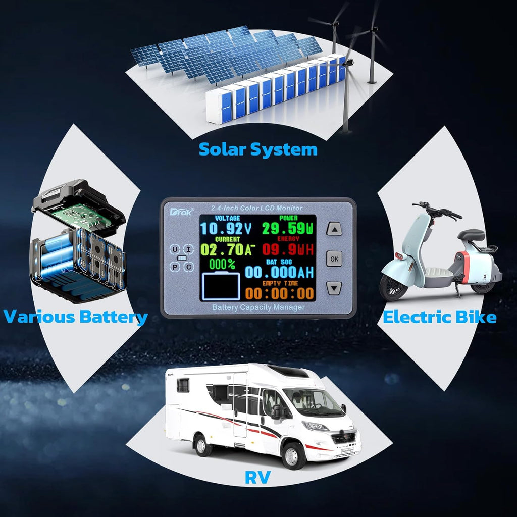 Digital Multimeter, DC 8-100V 100A Battery Monitor 12V 24V 36V 48V 60V Volt Amp Watt Meter, Big Color Screen LCD