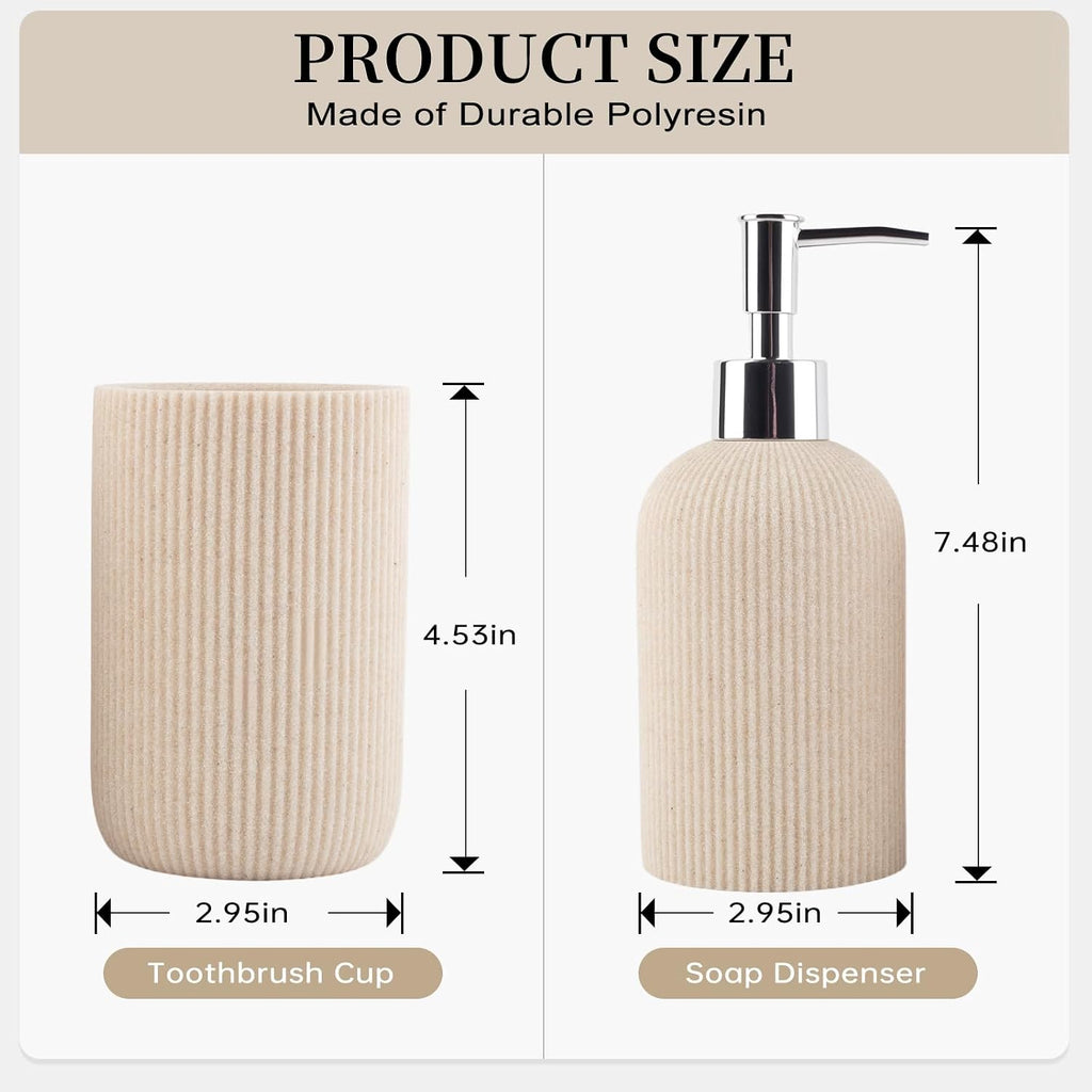 Beige Bathroom Accessories Set Include Soap Dispenser and Toothbrush Holder | Modern Stripe Design, Resin Bathroom