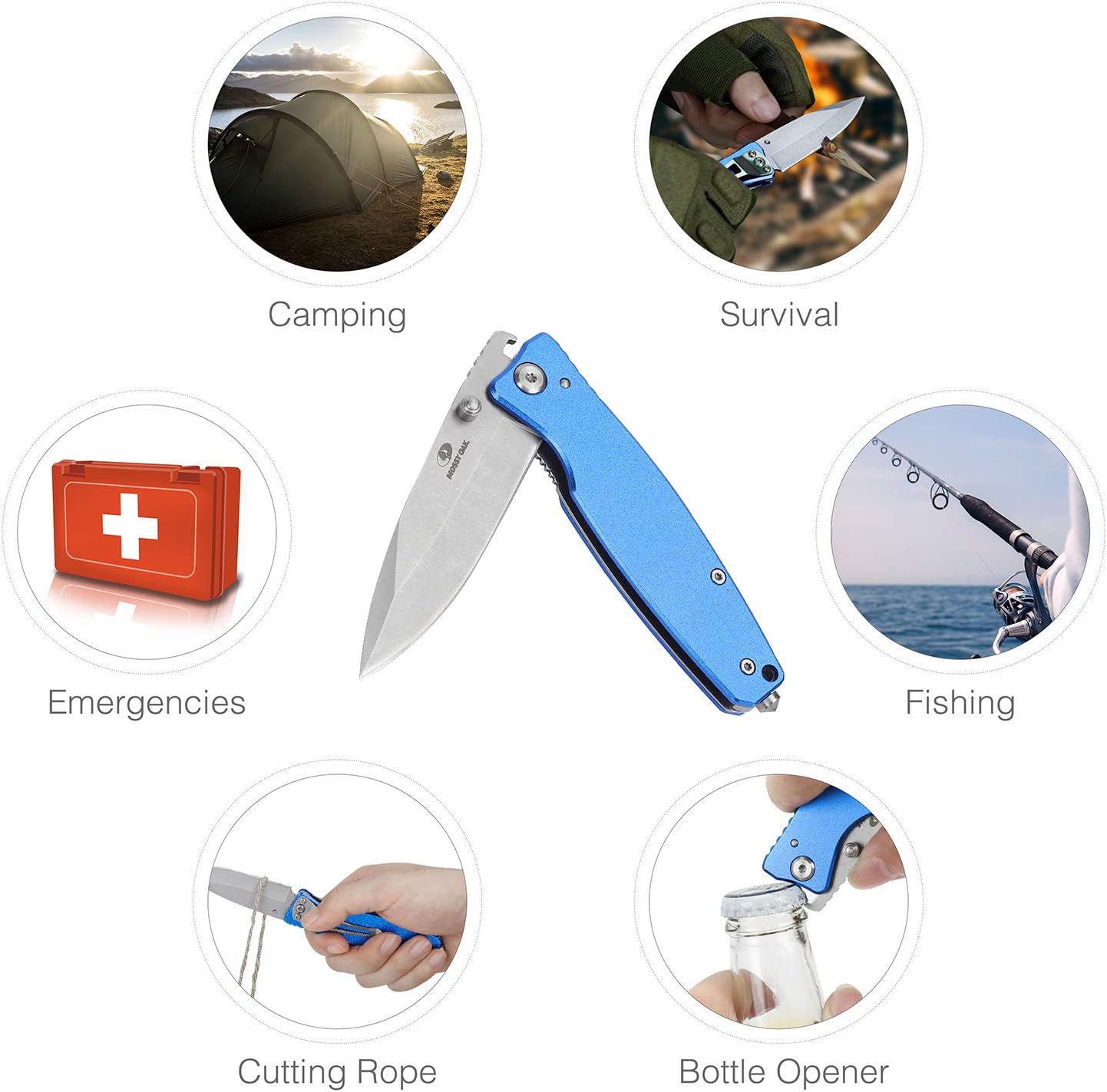 7-inch Folding Pocket Knife, Blue | Stainless Steel Drop Point Blade Knife EDC, Multi-Functional Tool with Bottle