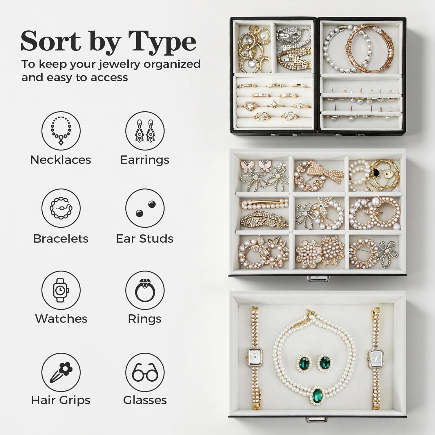 Jewelry Organizer Box, Large Jewelry Boxes for Women Girls, Space-Saving 3 Layers Jewelry Storage Case with Drawer