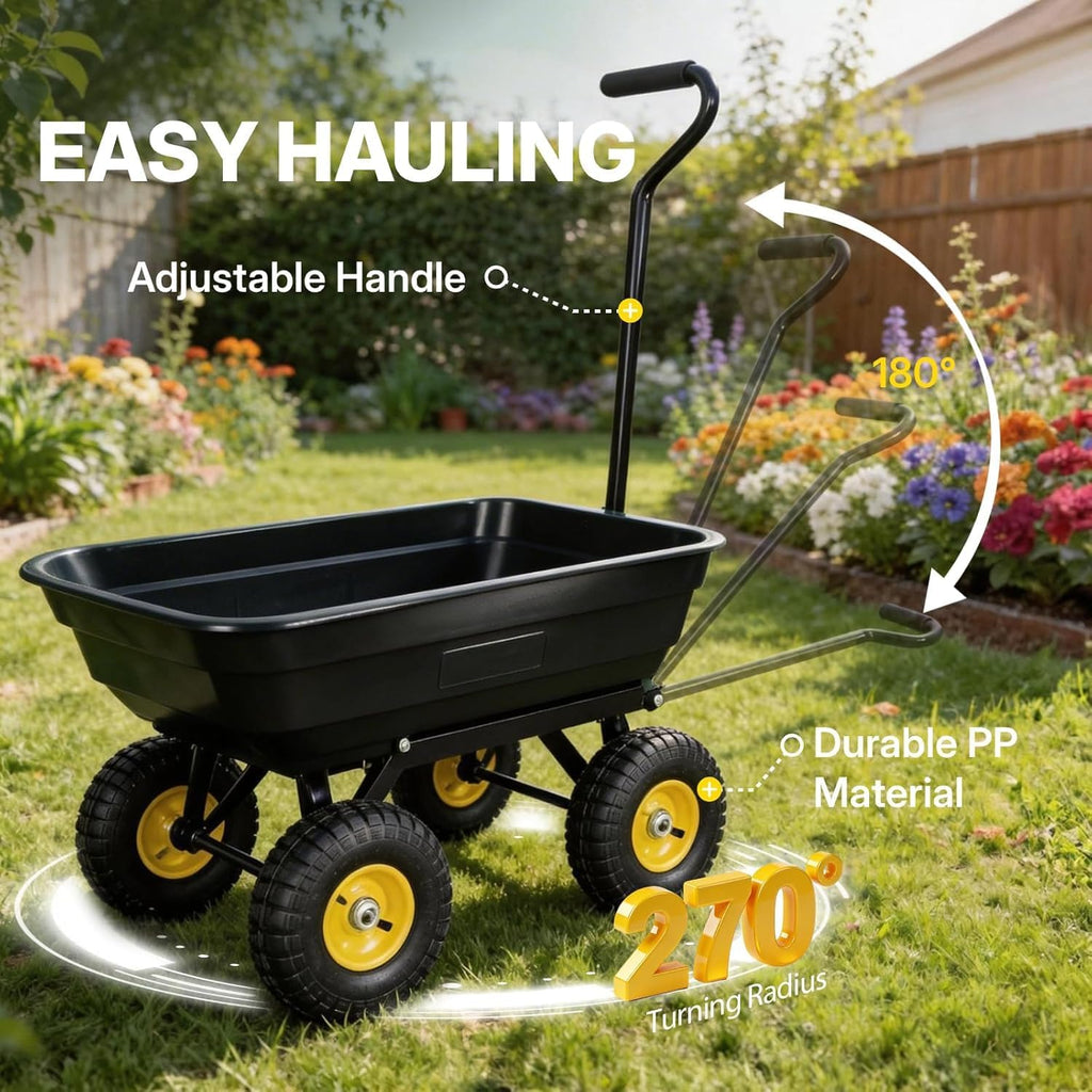 600 LBS Heavy Duty Garden Dump Cart,10" All-Terrain Wheels, 180° Rotating Handle, Yard Cart for Landscaping, Farm