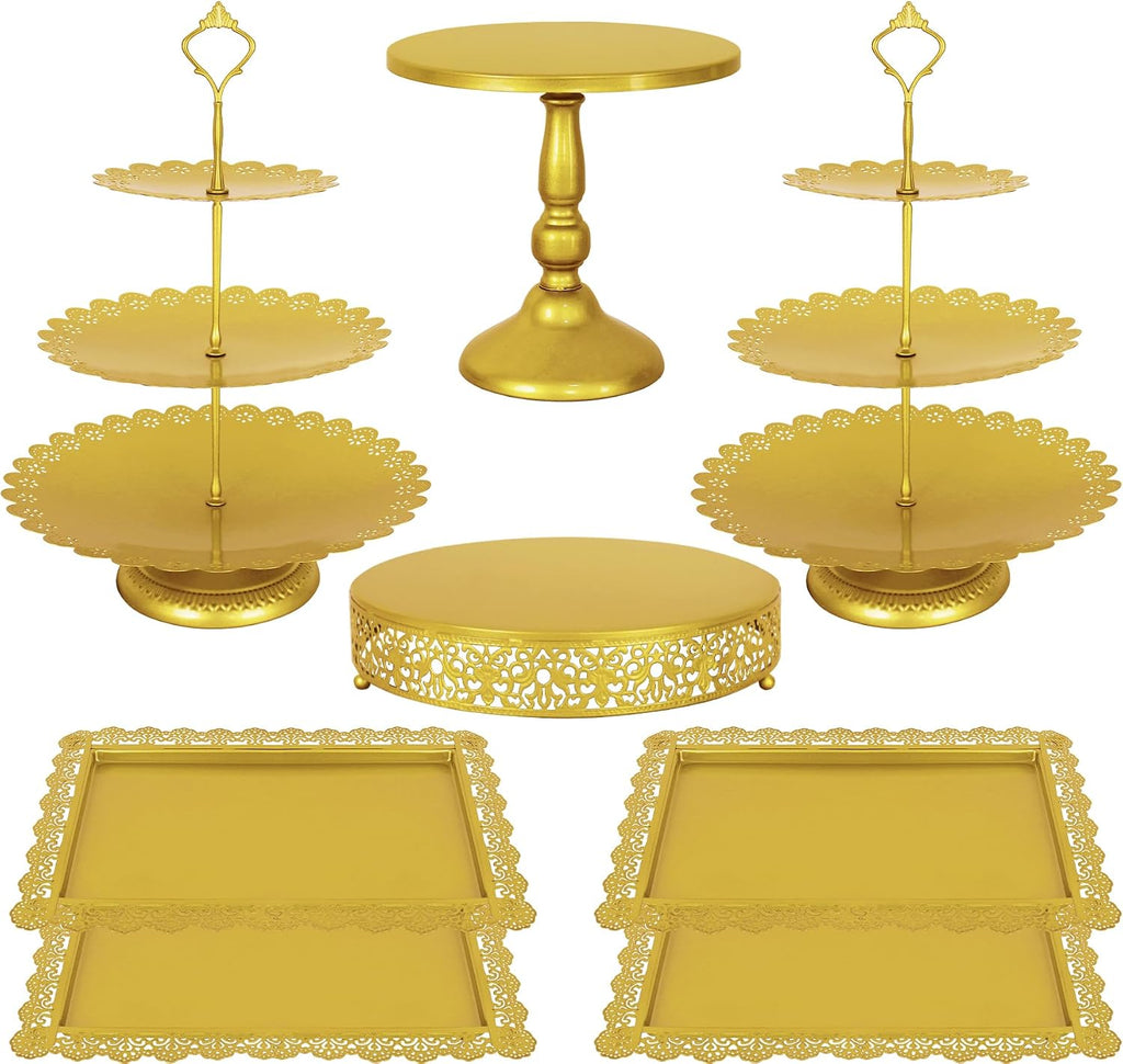 8 Pcs Cake Stand Gold Metal Dessert Table Display Set, 3-Tier Cupcake Stand, Cake Display Tower and Cookie Tray Rack