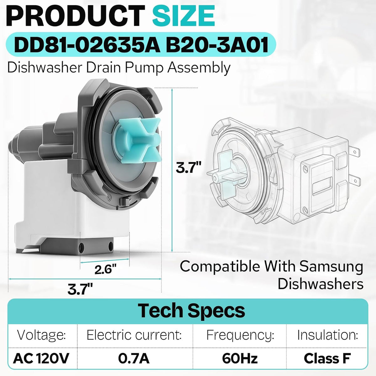 DD81-02635A B20-3A01 Dishwasher Drain Pump Assembly Replacement for Samsung