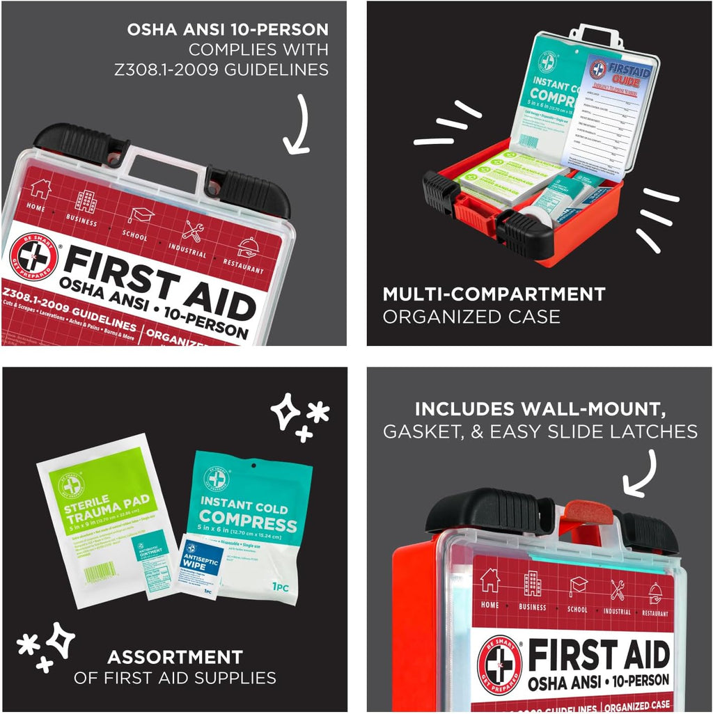 OSHA/ANSI First Aid Kit - 10 Person, 100 Pieces - Designed for Home, Business, School, Industrial, and Restaurants