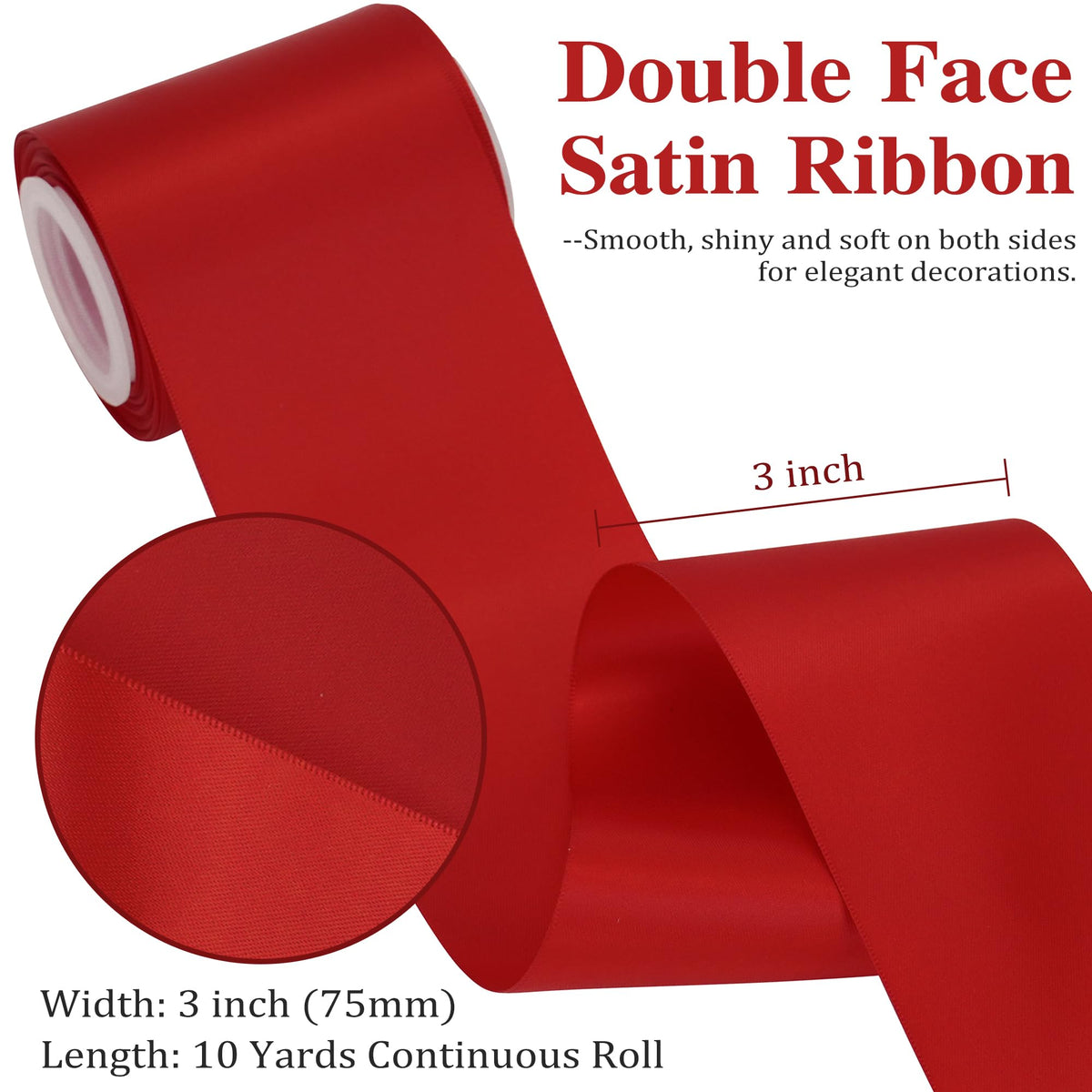 Double Faced 3 inch Satin Ribbon Red Ribbon Continuous 10 Yards