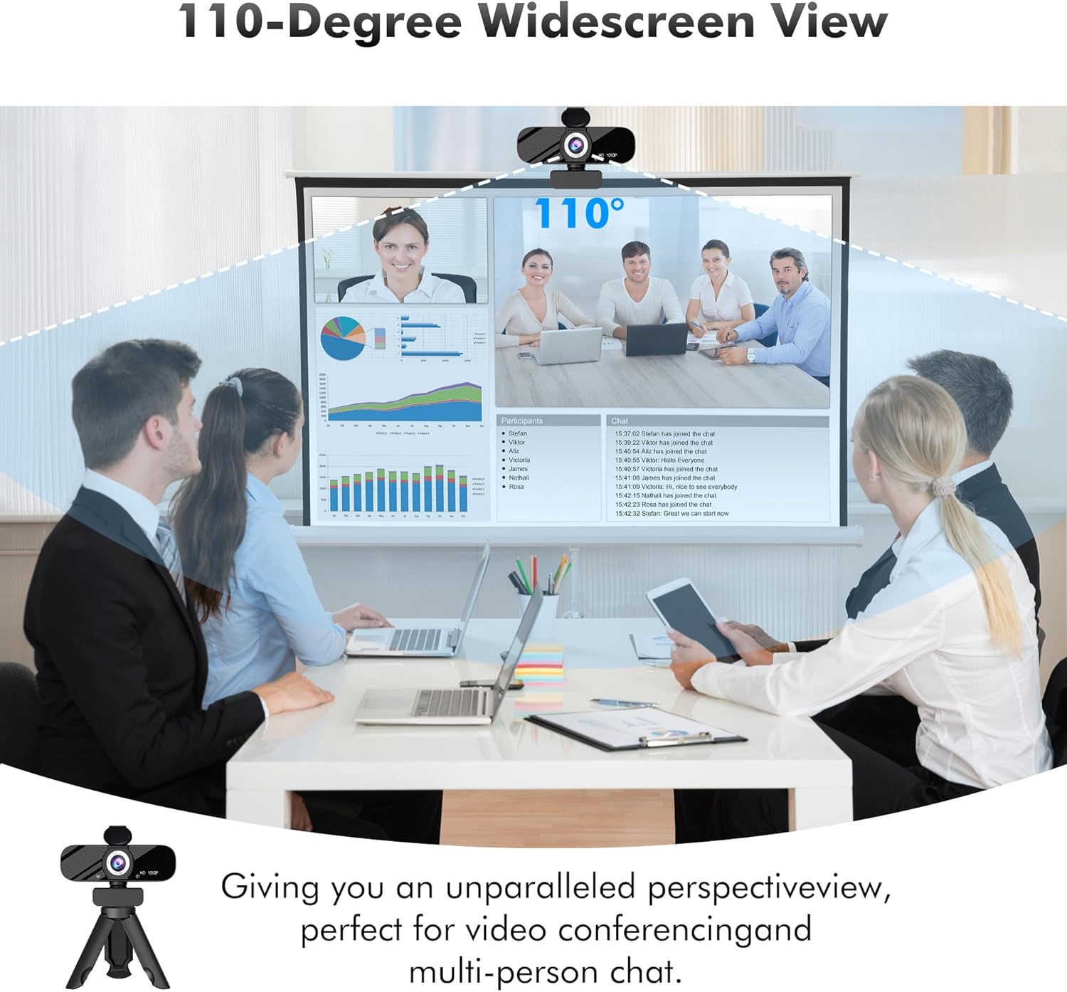Full HD 1080P Video Webcam, Noise Cancellation, Privacy Cover, Wide-Angle Lens, Auto Light Correction, Plug & Play