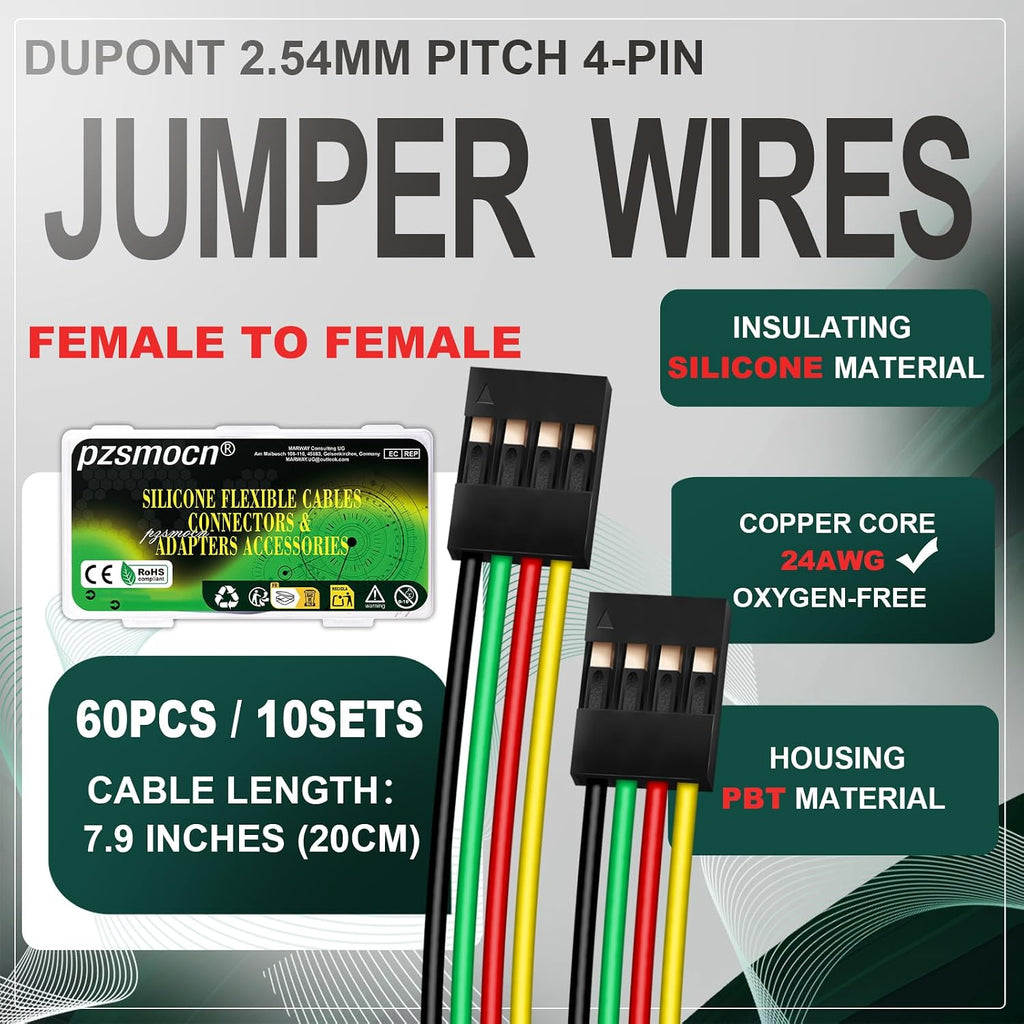 10 Sets / 60 Pcs for Dupont 2.54mm 4-Pin Connector Kit 24AWG 20cm
