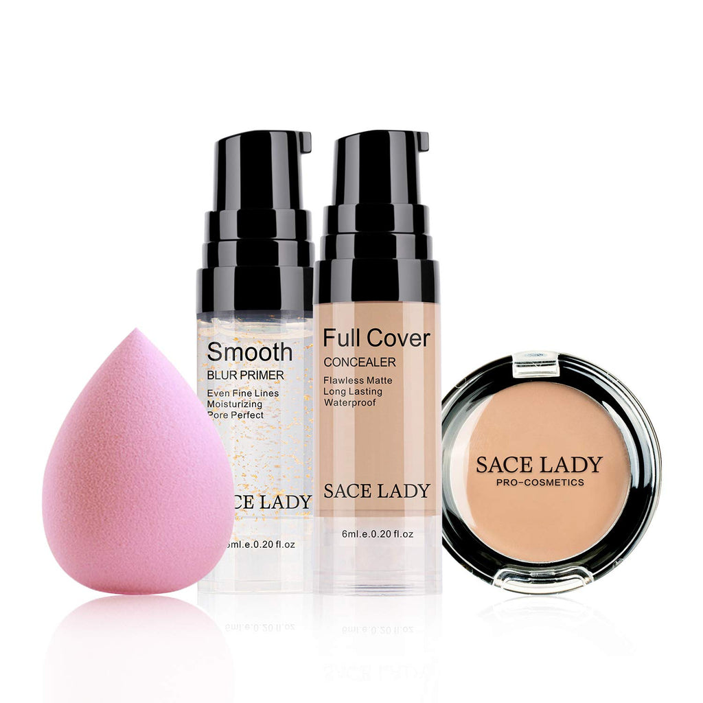 Waterproof Full Coverage Concealer Makeup Kit with Primer Sponge - Matte Liquid Foundation for Face, Eye, and Acne