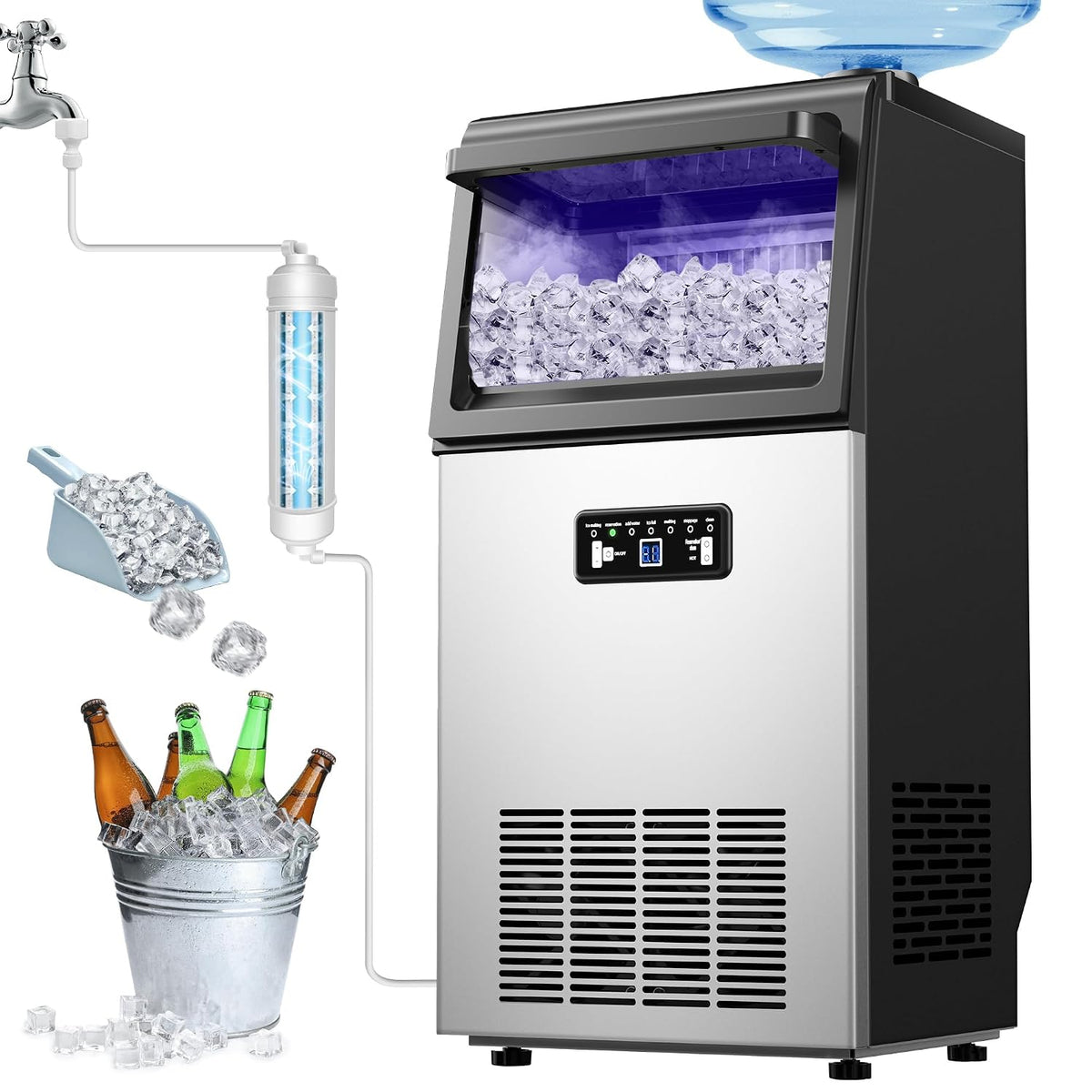 Commercial Ice Maker 2 Water Inlet Modes with 100LB/24H