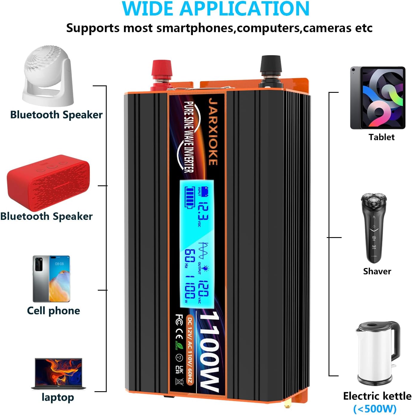 1100 Watt Pure Sine Wave Power Inverter 12V DC to 110V 120V Converter for Family RV Off Grid Solar System Car with