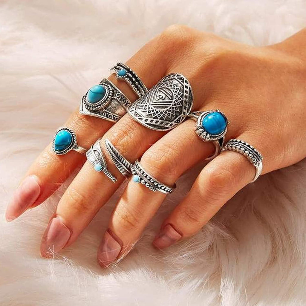82 Pcs Vintage Silver Knuckle Rings Set for Women, Bohemian Stackable Joint Finger Rings, Retro Stone Crystal