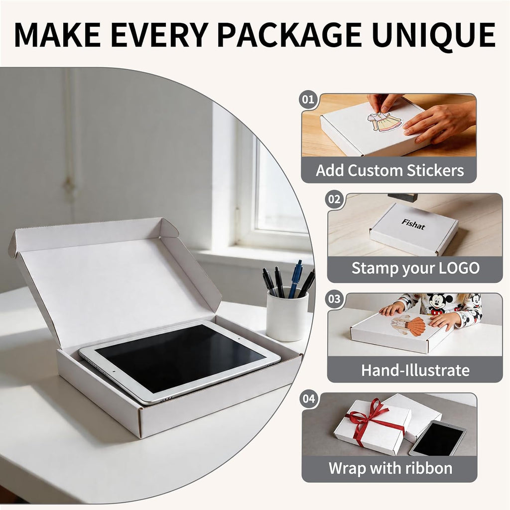 11" x 8" x 2" White Corrugated Cardboard Shipping Boxes Set of 25