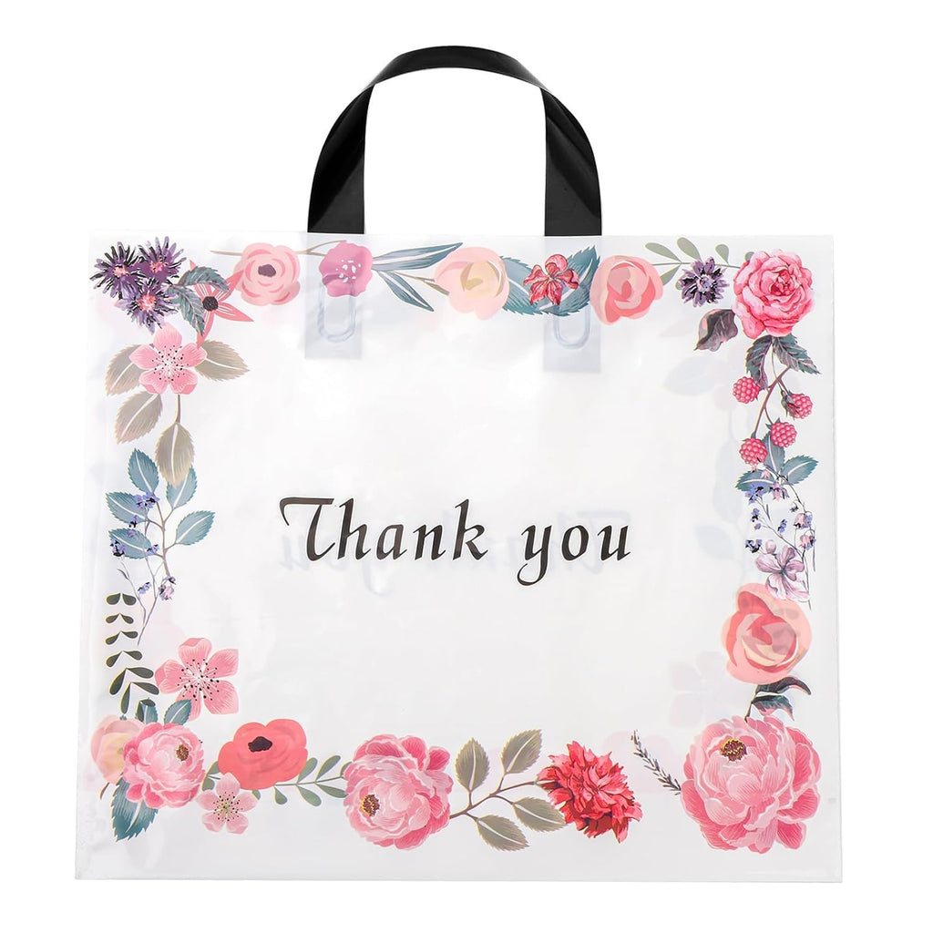 60 Pack Thank You Bag, Plastic Shopping Bag with Handles, 14'' x 12'' Spring Flowers Reusable Merchandise Bags, Gift