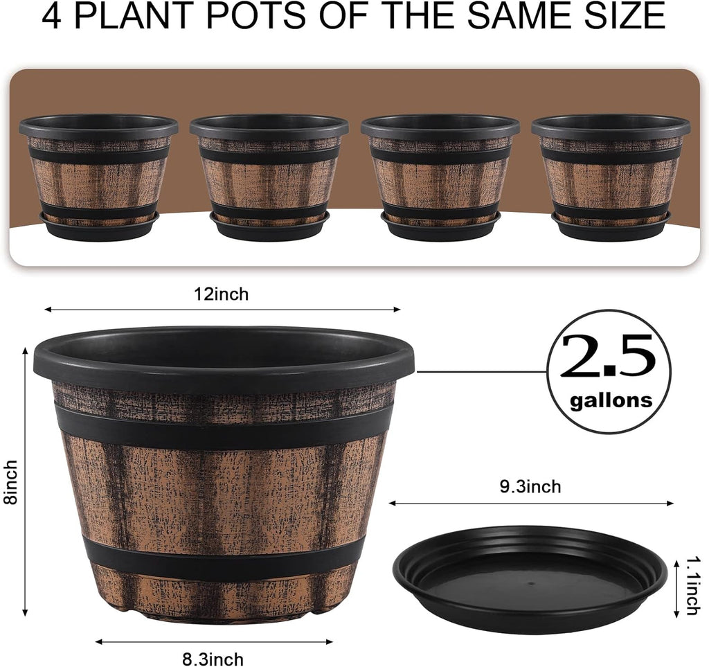 Plant Pots Set of 4 Pack 12 inch,Large Whiskey Barrel Planters with Drainage Holes & Saucer.Plastic Flower Pots