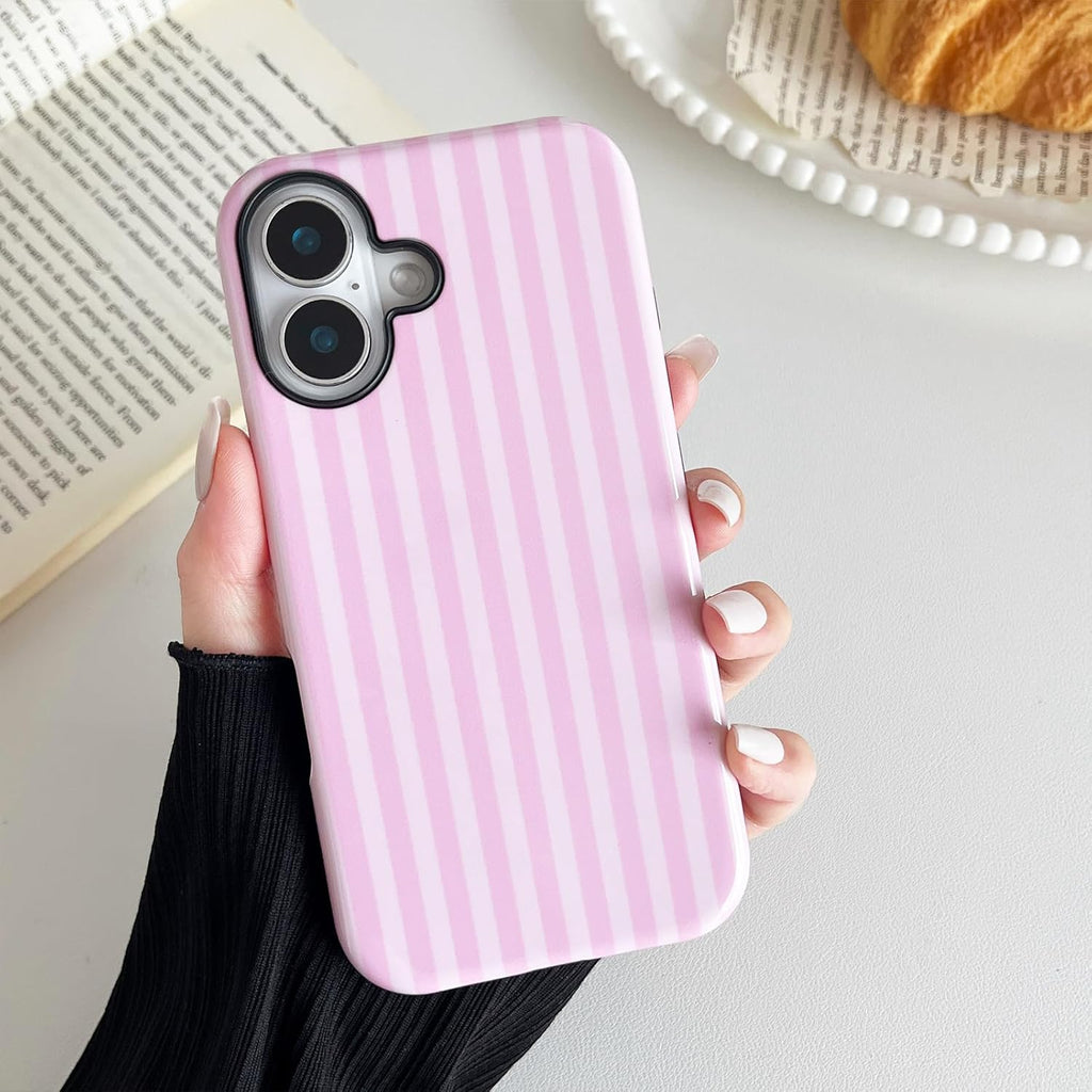 Compatible with iPhone 16 Case, Cute Fashion Aesthetic Striped Pattern Cover for Women, Shockproof Soft TPU and Hard