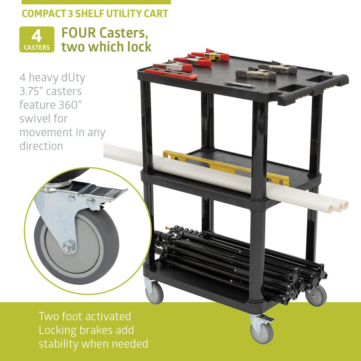 3-Tier Compact Multi-Purpose Plastic Utility Cart with Lockable Wheels up to 300LBS, Black