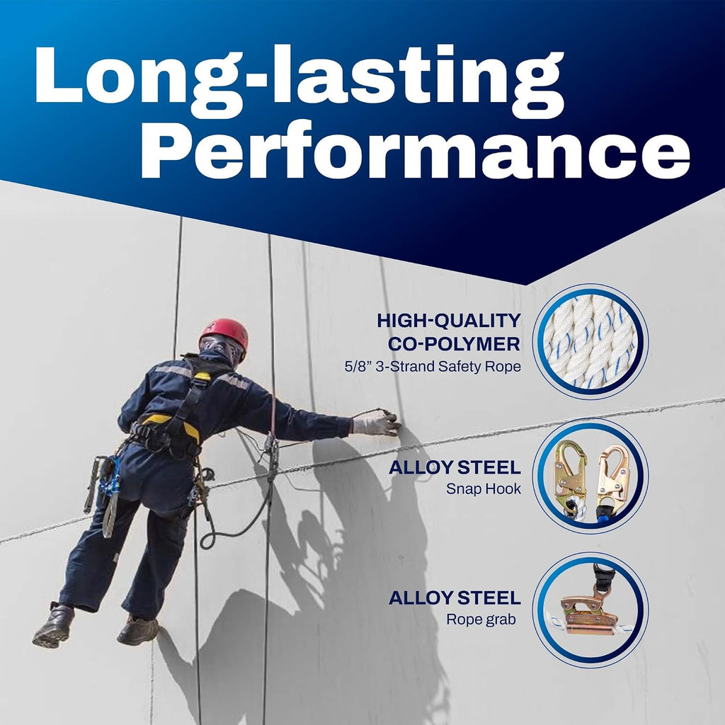 Vertical Lifeline Assembly - 50FT Rope Harness Safety Lanyard with Rope Grab - Fall Protection Kit