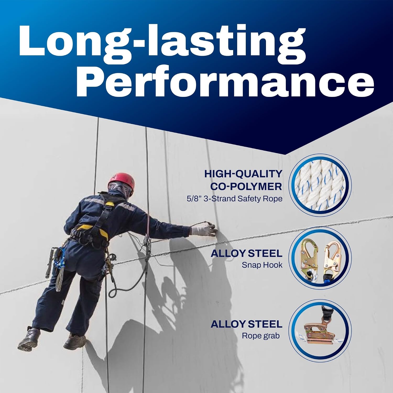 Vertical Lifeline Assembly - 50FT Rope Harness Safety Lanyard with Rope Grab - Fall Protection Kit