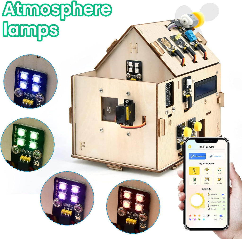 IOT ESP32 Smart Home Starter Kit for Arduino and Python,Electronics Home Automation Coding Kit, Wooden House DIY