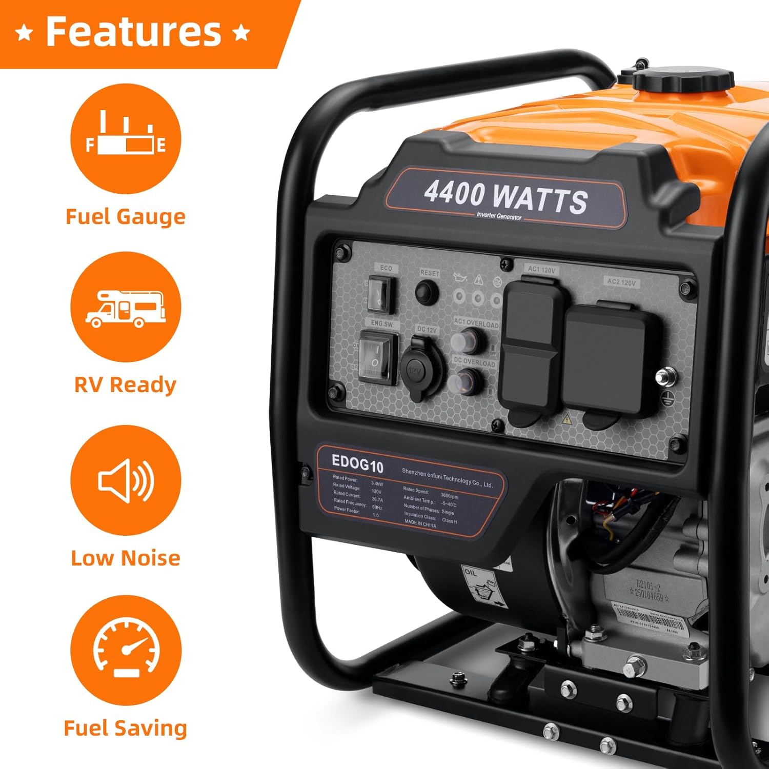 Power Equipment 4400 Watts Inverter Generator Gas Powered, Portable Open Frame Generator, Low Noise with ECO Mode, RV