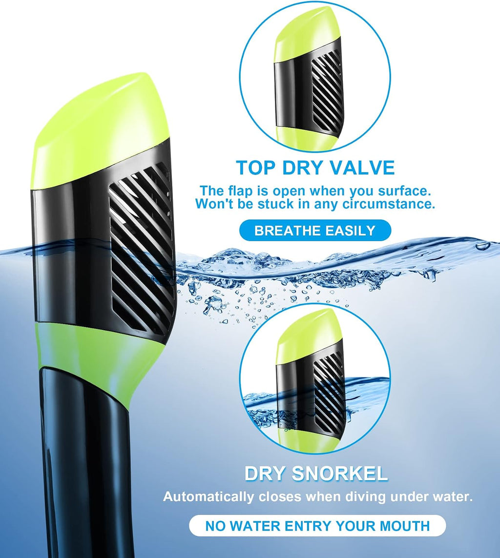 Snorkeling Gear for Adult Kid - Anti-Fog Mask with Top Dry Valve | Panoramic View Anti-Leak Snorkel Set with Travel