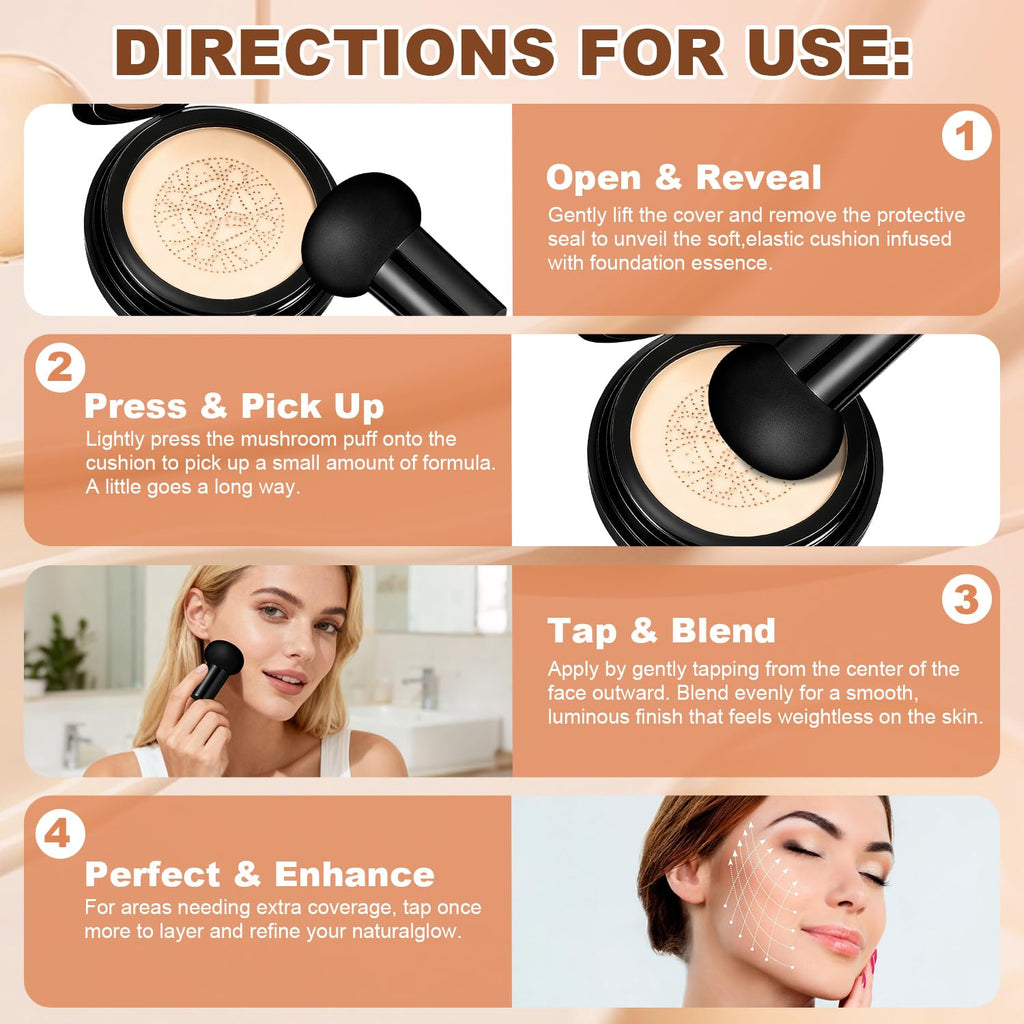Natural Glow - Ideal for Light/Medium Complexions, Mushroom Head Air Cushion CC Cream - BB Cream Foundation for Older