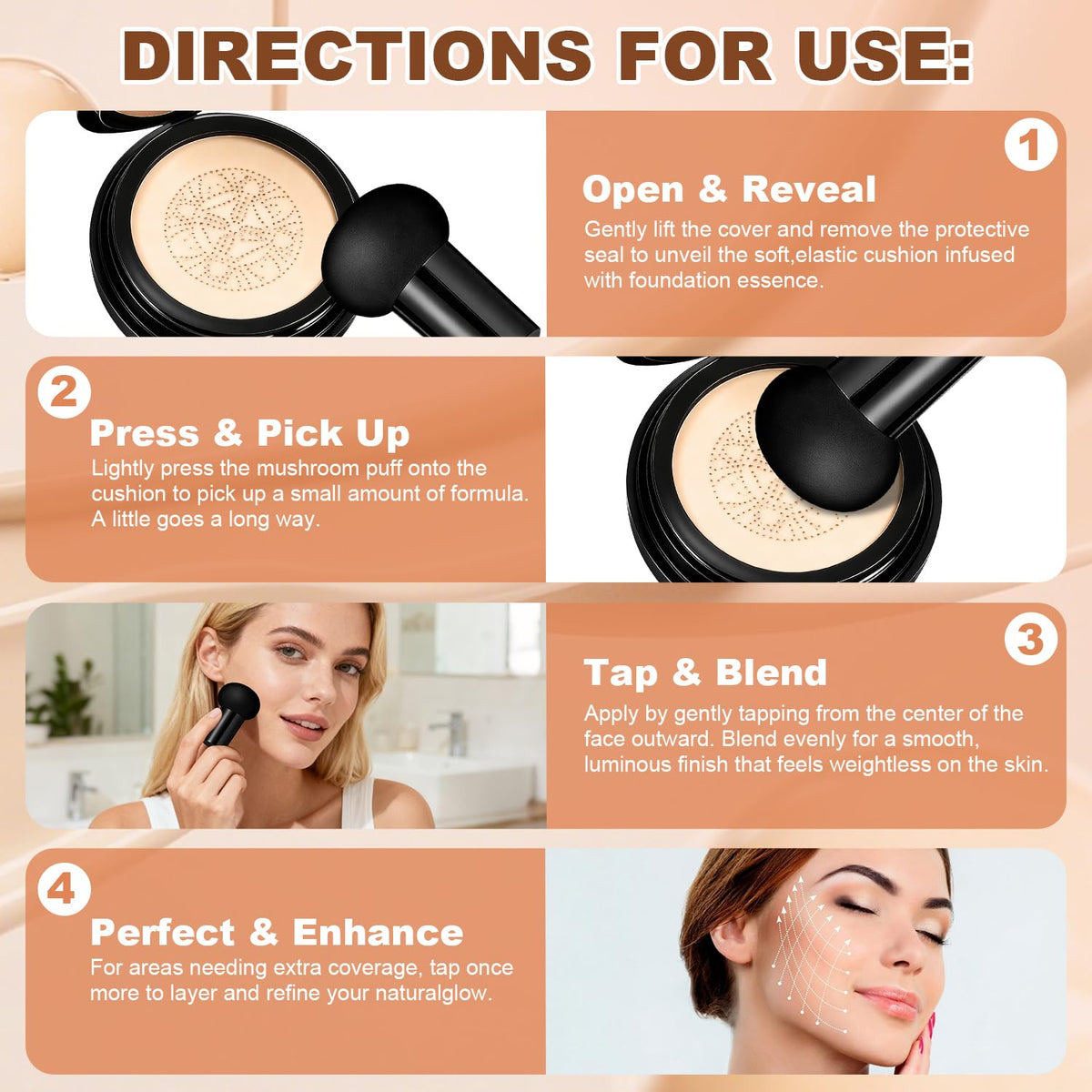 Natural Glow - Ideal for Light/Medium Complexions, Mushroom Head Air Cushion CC Cream - BB Cream Foundation for Older