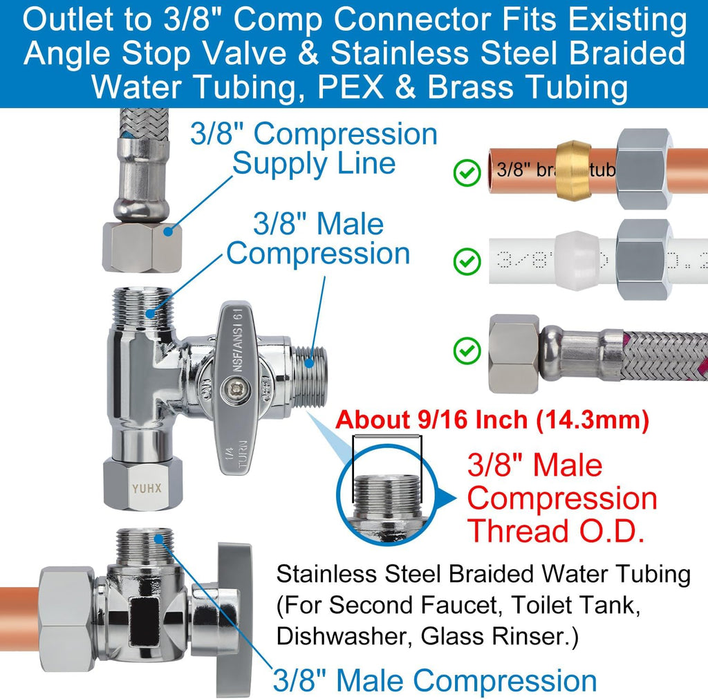 Brass Angle Stop Add-A-Tee Valve,3/8 x 3/8" x 3/8 Compression Water Splitter
