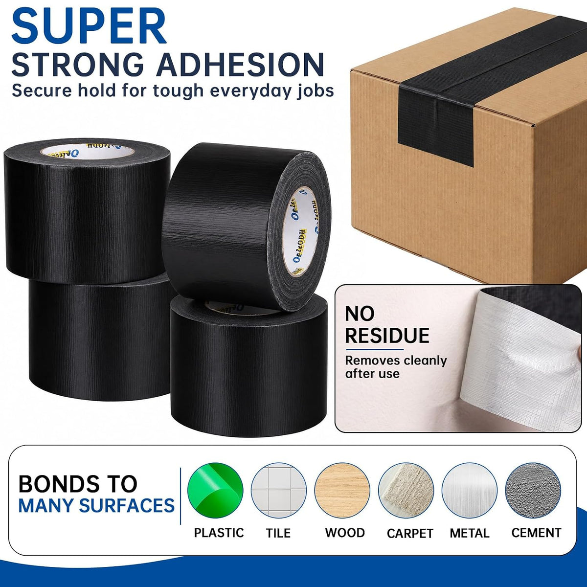 Black Duct Tape Bulk, 4 Inches x 55 Yards, 4 Pack