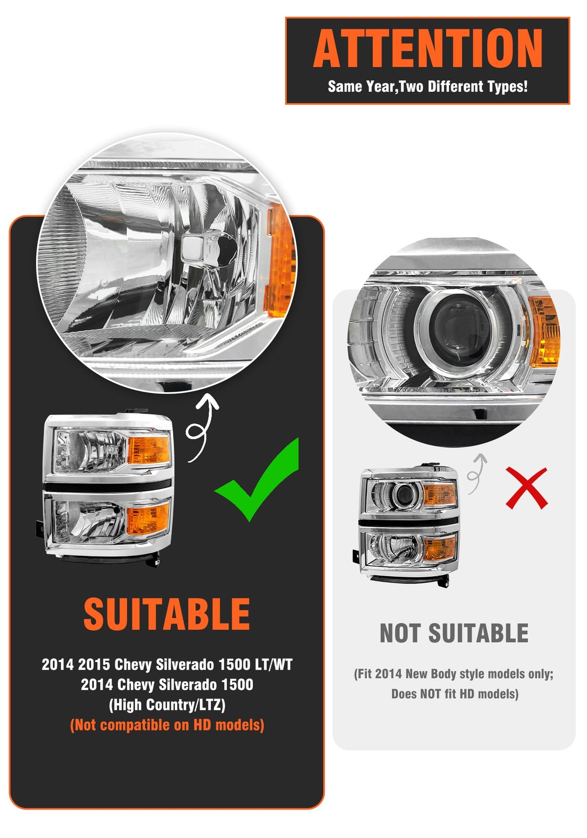 for 2014-2015 Chevy Silverado 1500 Pickup Headlights Pair