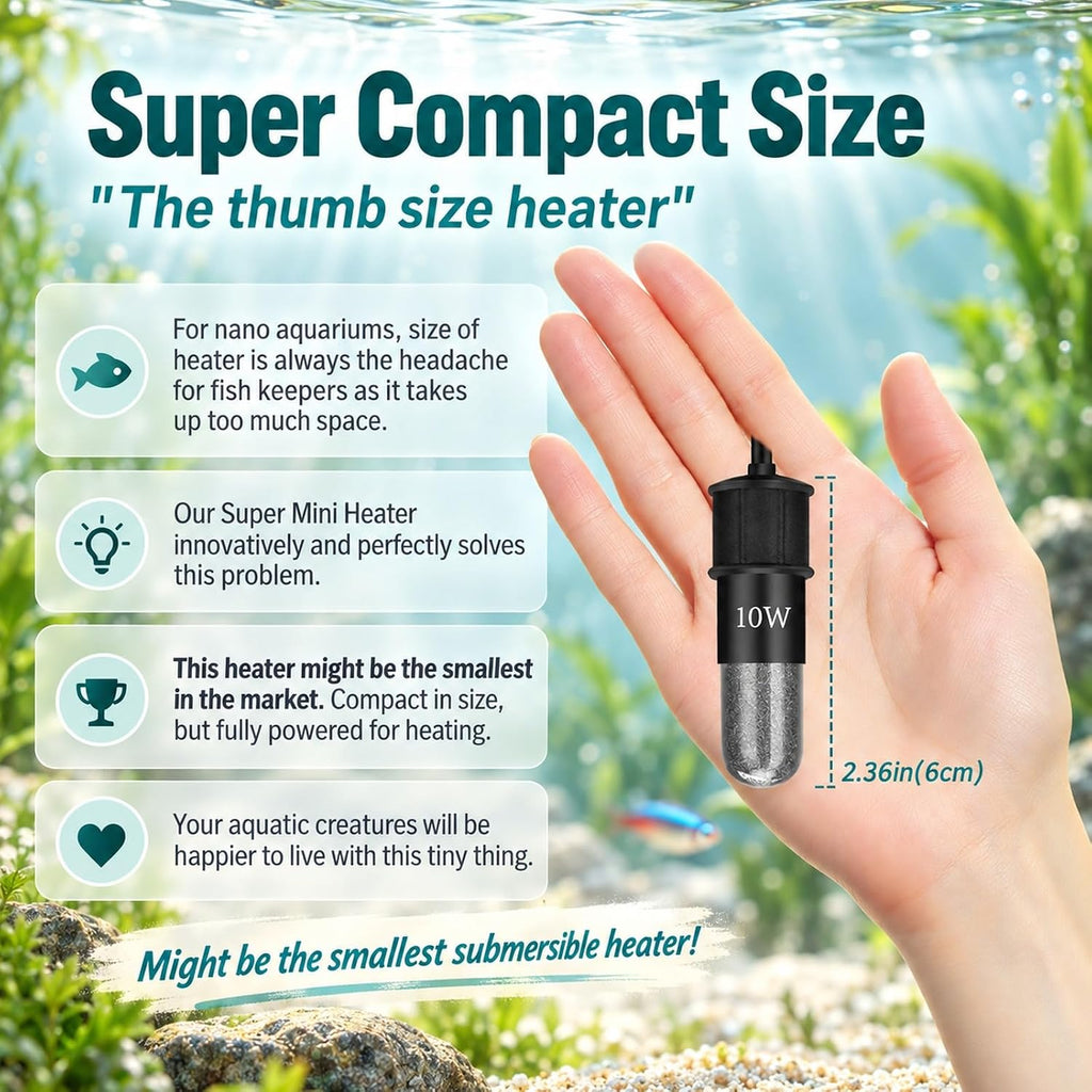 Thumb-Sized 20W Super Mini Aquarium Heater for 2-4 Gallon Small Tanks