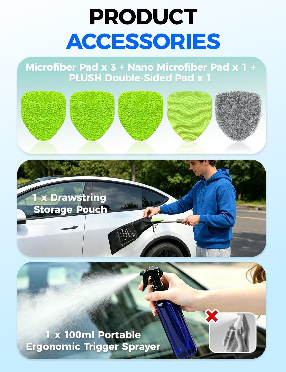XINDELL Windshield Cleaner Tool – Car Interior Window Cleaning Kit with Extendable Handle & 4 Microfiber Pads, Auto