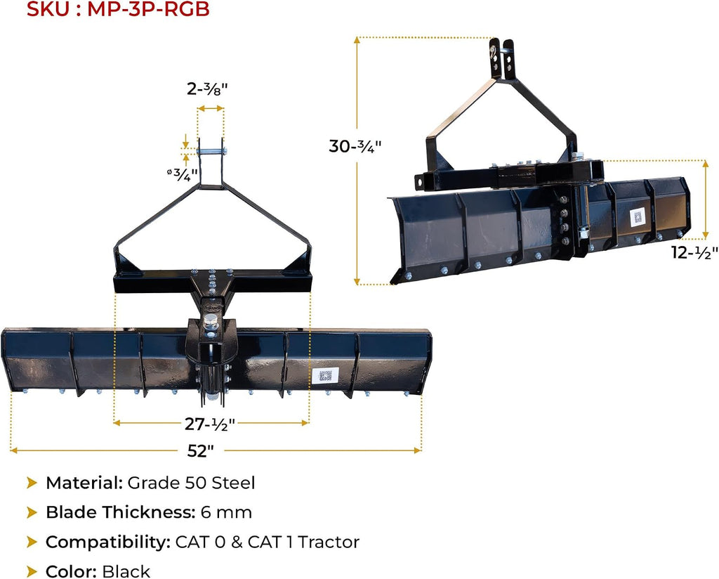 52" 3 Point Grader Blade for Tractor CAT 1, Heavy Duty Grade 50 Steel Black Scraper Blade for Lawn and Garden Tractors