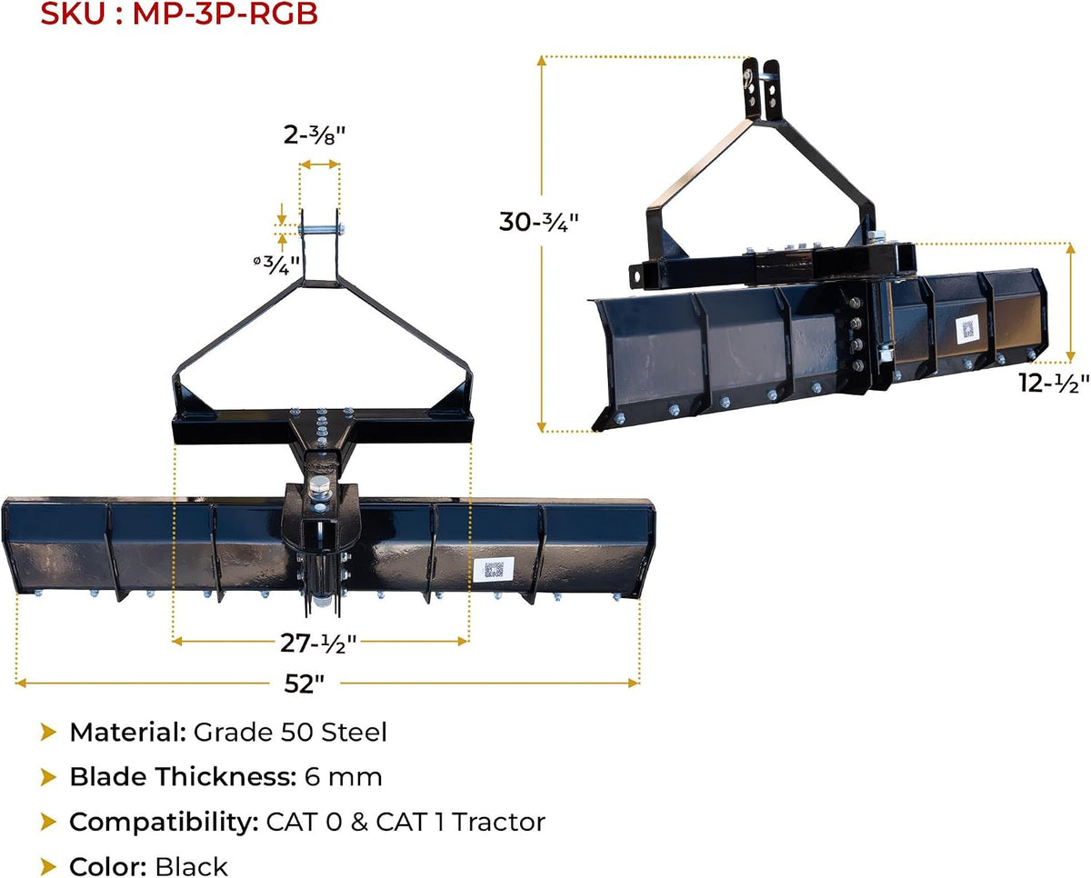 52" 3 Point Grader Blade for Tractor CAT 1, Heavy Duty Grade 50 Steel Black Scraper Blade for Lawn and Garden Tractors