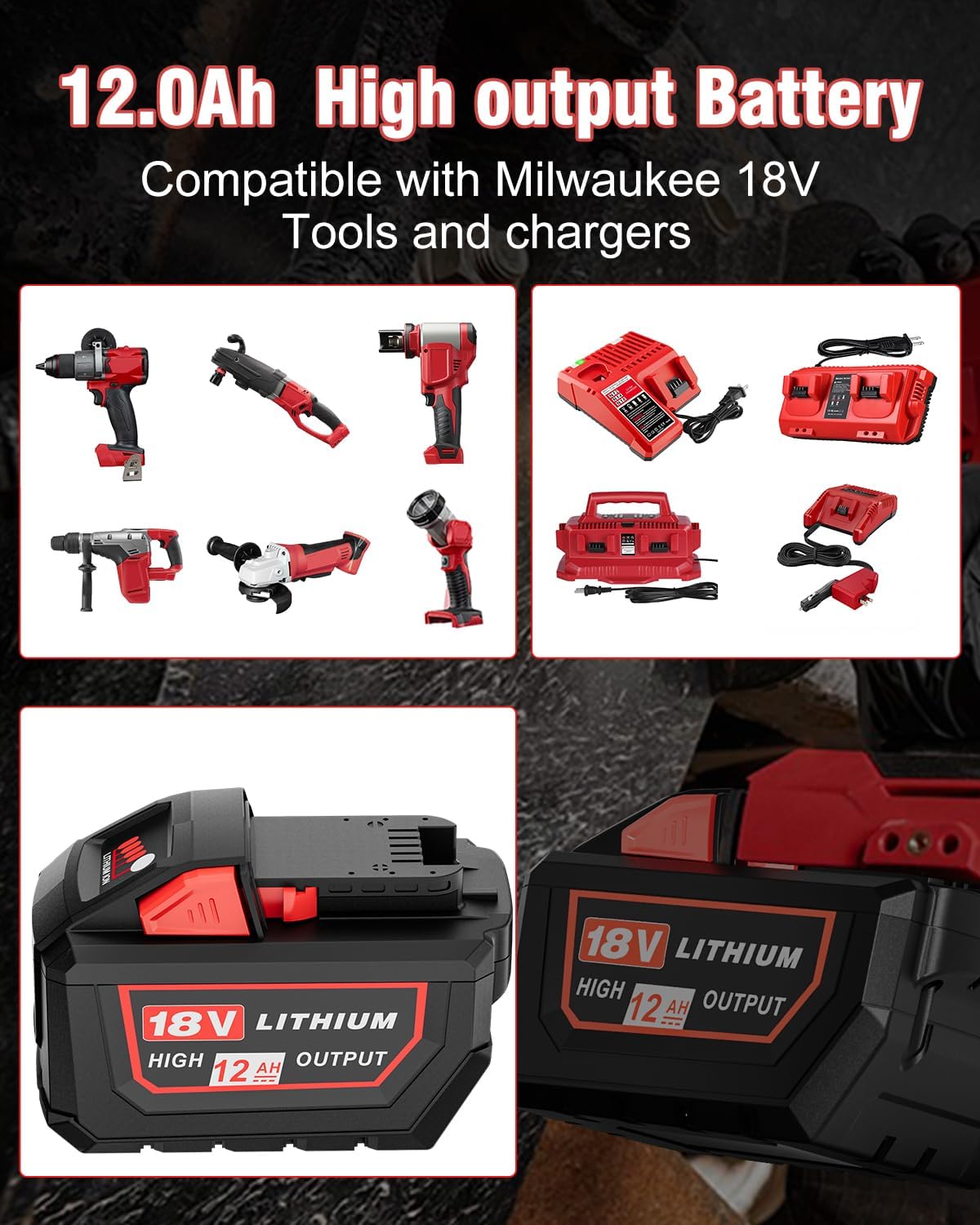 12.0Ah Replacement for Milwaukee 18V Battery and Charger M-18 Battery 2Pack