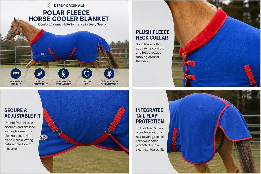 Polar Fleece Horse Cooler Blanket, Moisture-Wicking Stable Sheet & Blanket Liner, Plush Fleece Collar, Double Front