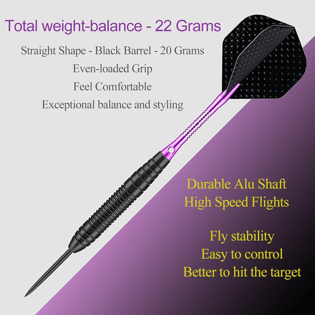 Darts Metal Tip Set - 3 Pack Professional 22 Grams Steel Tip Darts with Slim Case Black Purple Blue Aluminum Shafts 9