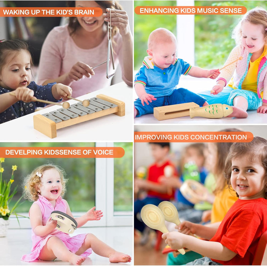 Kids Musical Instruments,100% Natural Wooden Music Percussion Toy Sets, 23 Pcs Tambourine Xylophone Toys for Kids