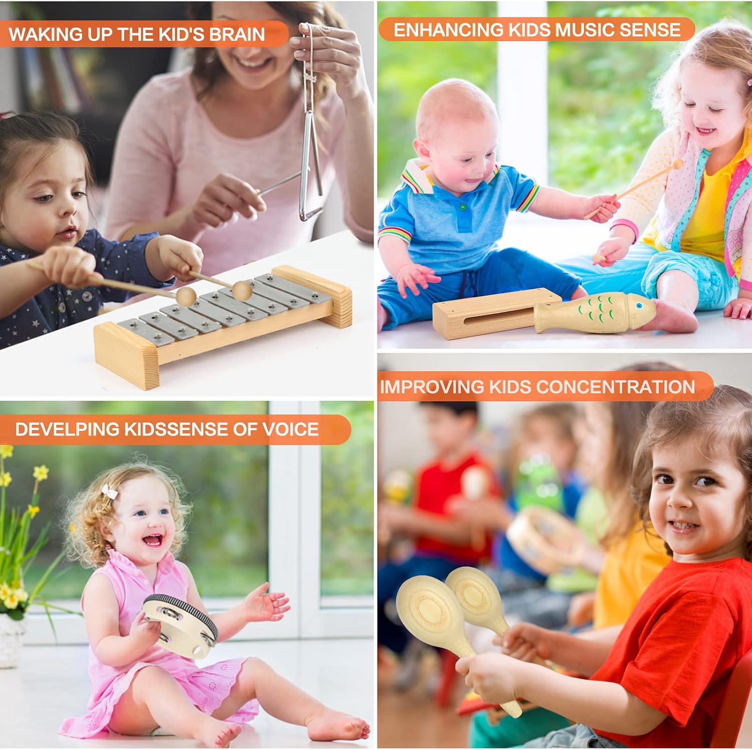 Kids Musical Instruments,100% Natural Wooden Music Percussion Toy Sets, 23 Pcs Tambourine Xylophone Toys for Kids